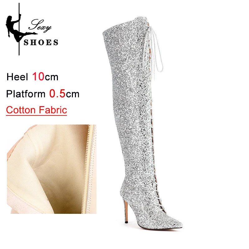 Botas femininas de lantejoulas acima do joelho, salto alto fino, botas longas pontiagudas, sapatos de festa para senhora, moda boate, 10cm, outono e inverno