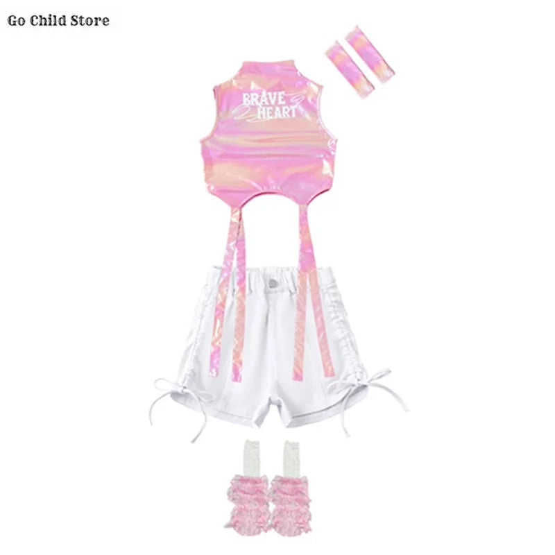 Meninas k-pop brilhante colheita superior calças de carga shorts de dança de rua crianças hip hop jazz conjuntos de roupas crianças streetwear menina grupo traje