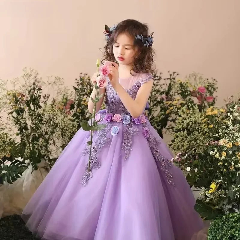 Crianças lavanda desempenho outfits crianças vestido de festa traje meninas princesa roxo roupas aniversário elegante ponkata piano