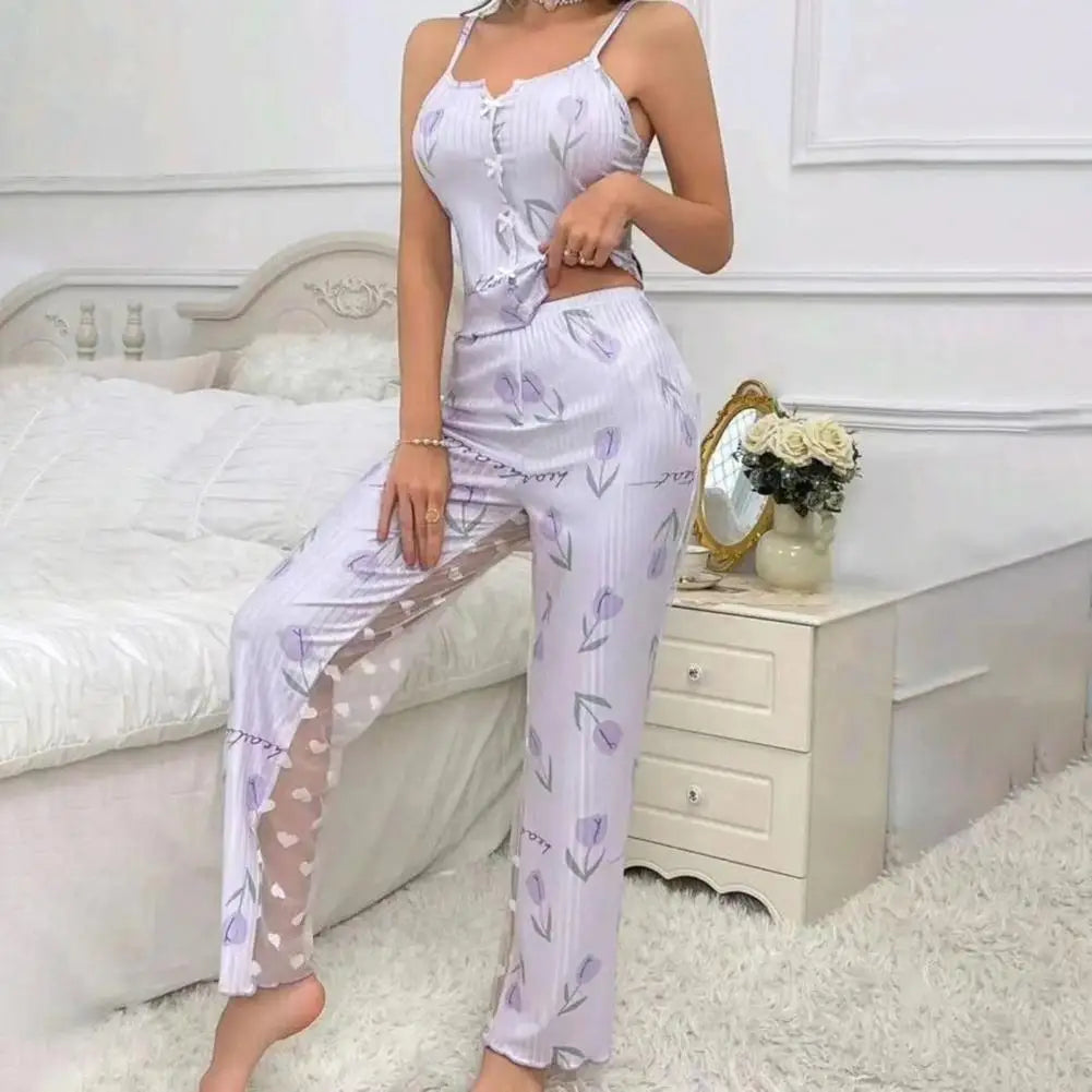 2 pçs/set feminino colete calças terno arco coração impressão sem mangas shirring borda superior malha retalhos calças homewear roupa de dormir