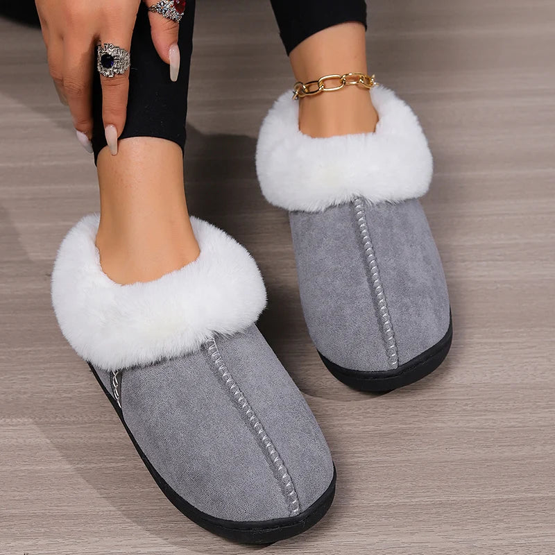 Inverno quente interior flurry chinelos feminino camurça do falso dedo do pé fechado casal chinelos mulher conforto sola macia casa slides mujer