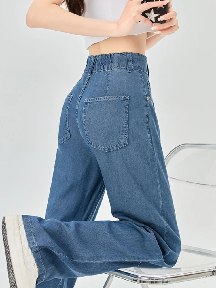 Jeans de cintura alta de seda gelo feminino, verão, azul, solto, perna larga, elegante, simples, lazer, todos os fósforos, diário, na moda, chique, moda coreana