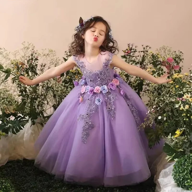 Crianças lavanda desempenho outfits crianças vestido de festa traje meninas princesa roxo roupas aniversário elegante ponkata piano