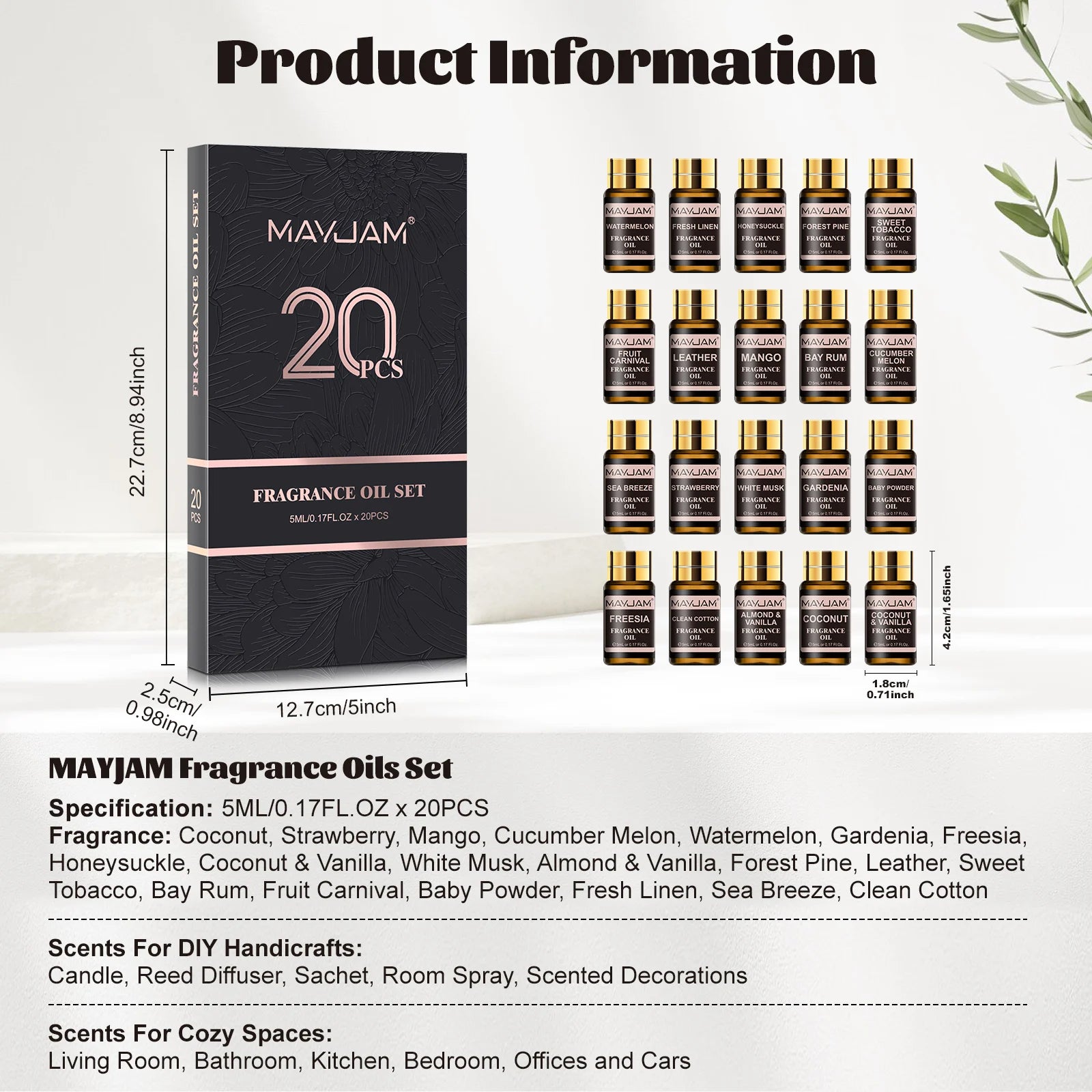 Mayjam kit de óleos de fragrância 20 pçs/set coco & baunilha almíscar branco melancia óleo de morango para umidificador difusor vela fazendo