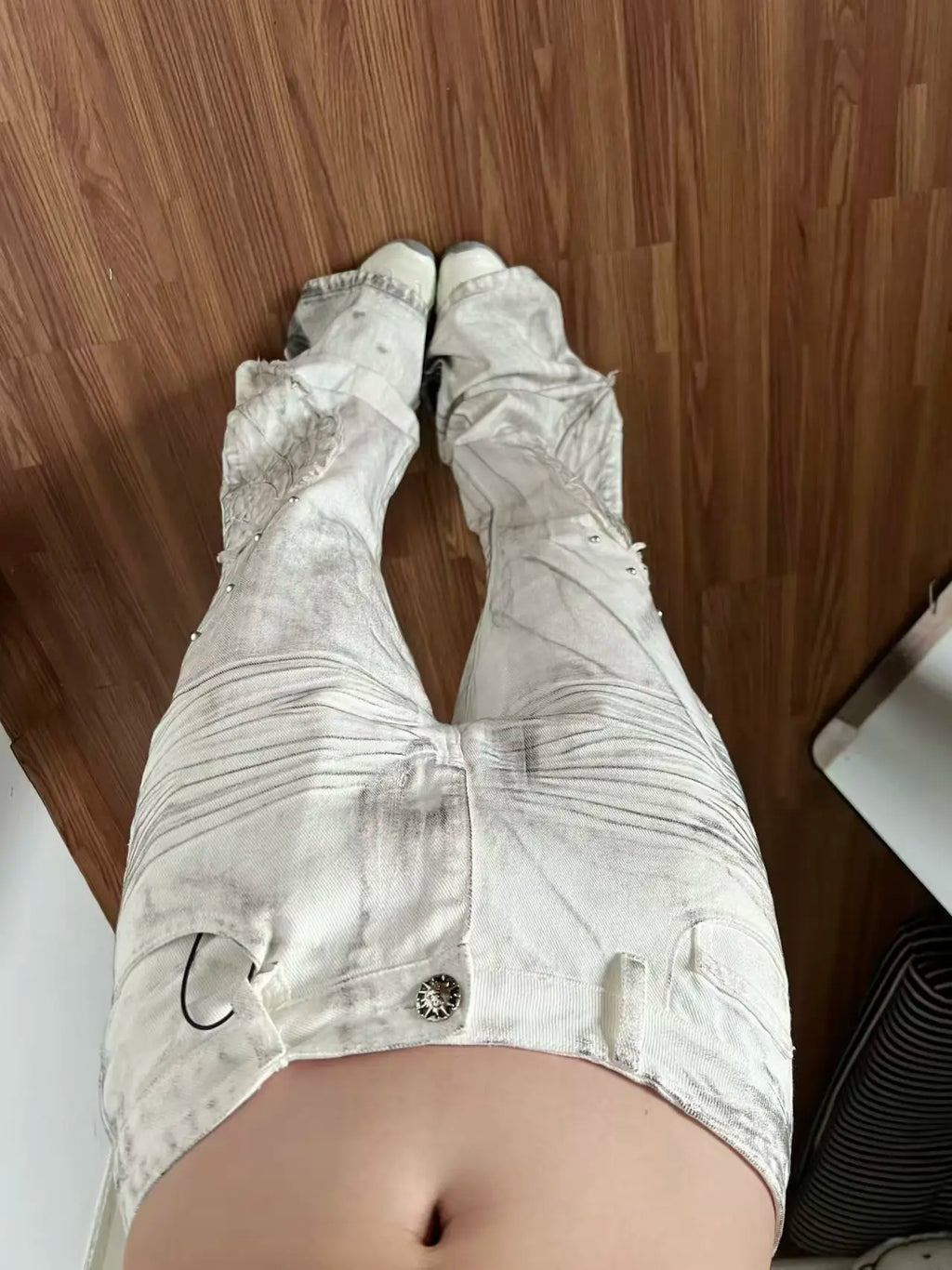 Calças Femininas Americanas Retrô Hot Girl Tie-Dye de Cintura Alta Boca de Sino Slim Rasgadas Novas de Outono e Inverno Lavadas Casuais