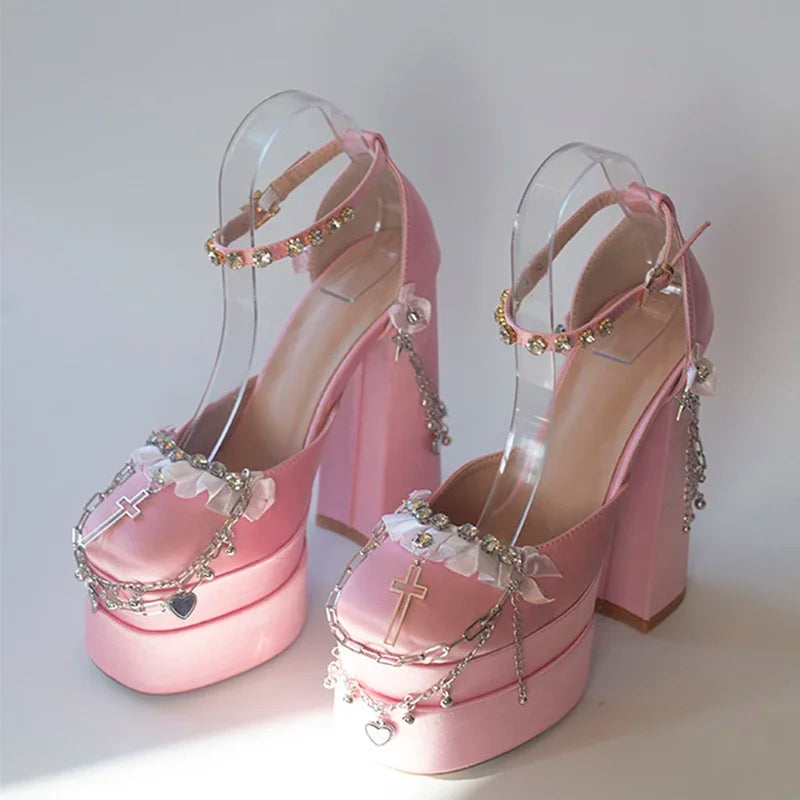 Cruz Japonesa Rhinestone Lolita Salto Alto para Mulheres, Corrente de Metal, Casamento da Noiva Rosa, Doce Sapatos Y2k Mary Jane, Salto Plataforma para Menina