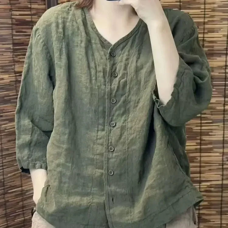 Camisa de Linho com Decote em V e Manga 3/4, Blusa Casual Solta com Botões, Top de Linho Respirável para Mulheres