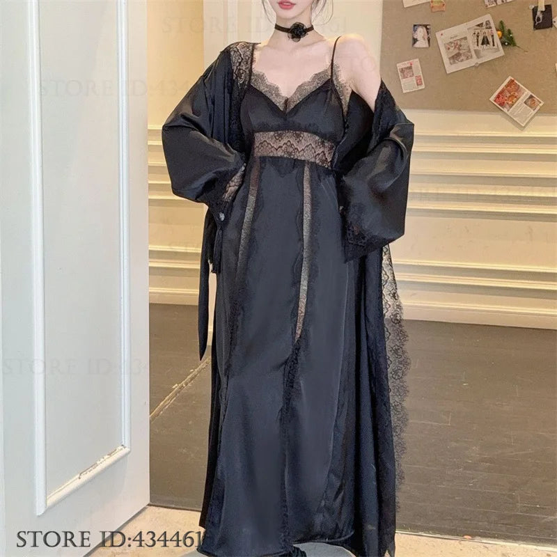Feminino longo twinset robe conjunto sexy renda guarnição roupão de casamento quimono vestido sleepwear elegante seda gelo camisola loungewear homewear