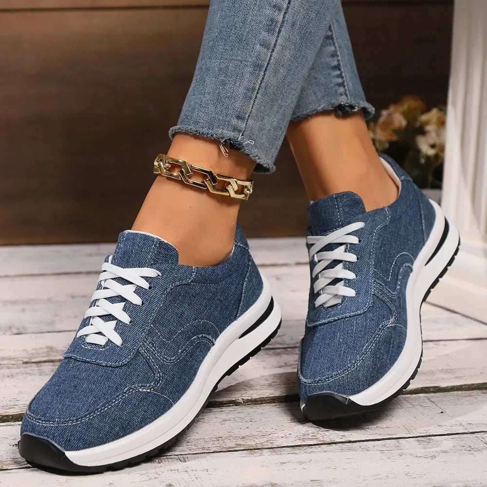 Azul denim plataforma tênis moda feminina sola grossa rendas até sapatos esportivos mulher plus size 43 confortável casual tênis femininos