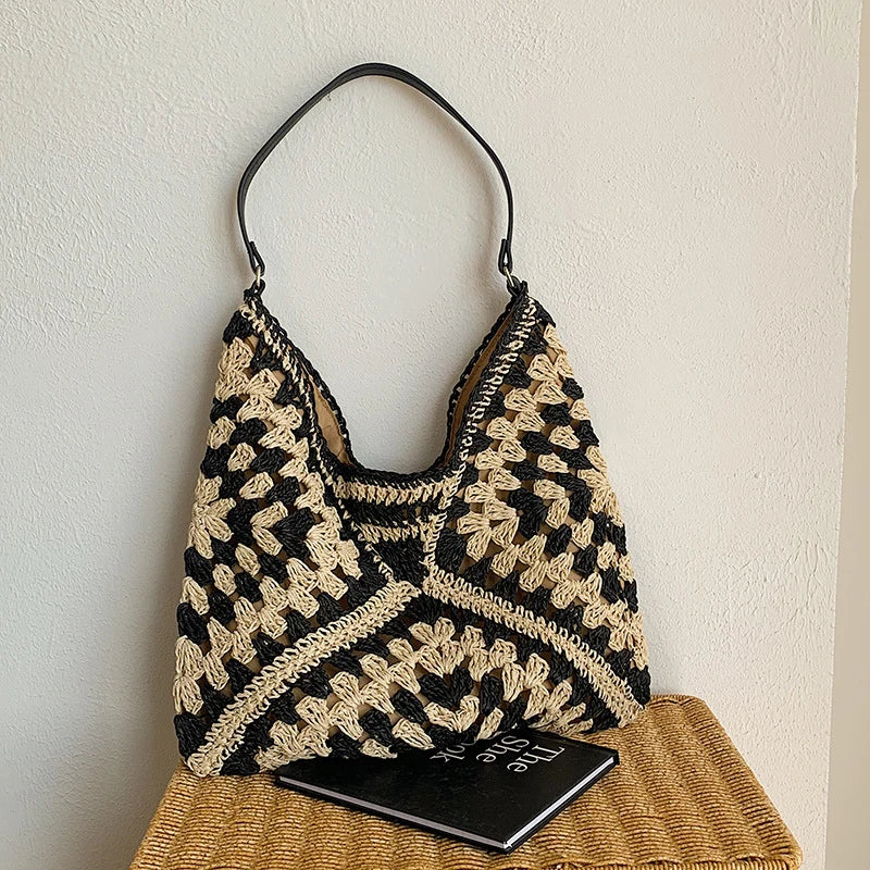 Bolsa de ombro de palha tecida feminina popular bolsa de tamanho médio com alça para férias na praia