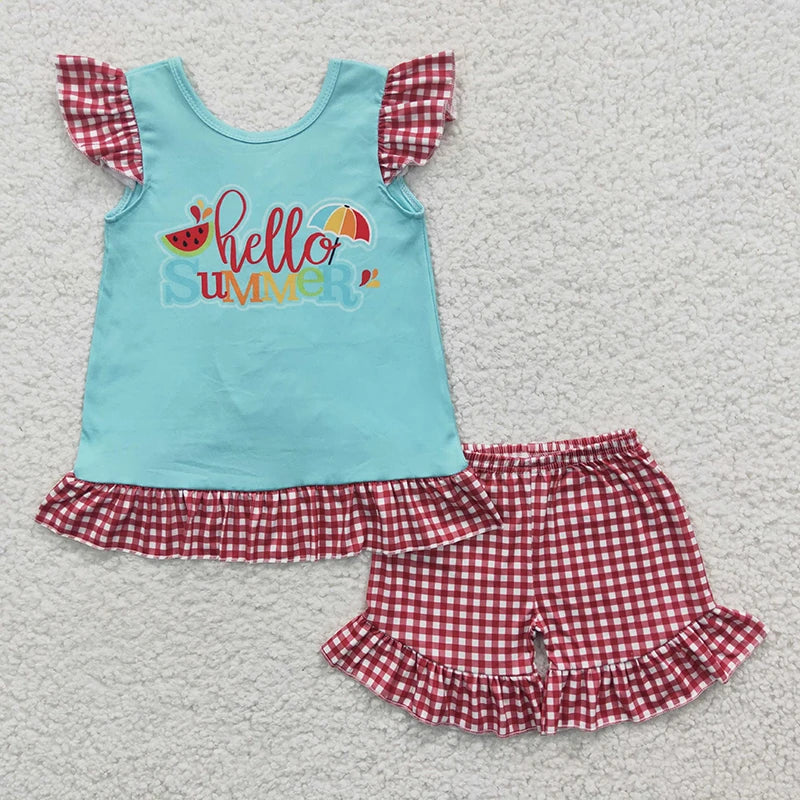 Bebê meninas boutique verão frutas roupas melancia vermelho camisa rosa dot plissado shorts atacado crianças roupas conjunto criança roupa