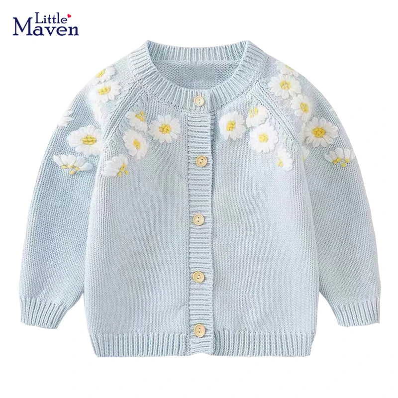 Little maven bebê meninas camisola linda luz azul roupas casuais outono crianças cardigan casaco bonito para crianças 2-7 anos
