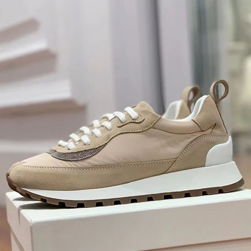 Sapatos casuais mulher dedo do pé redondo corrente corda grânulo conforto tênis de corrida senhoras camurça vaca retalhos rendas até tênis planos