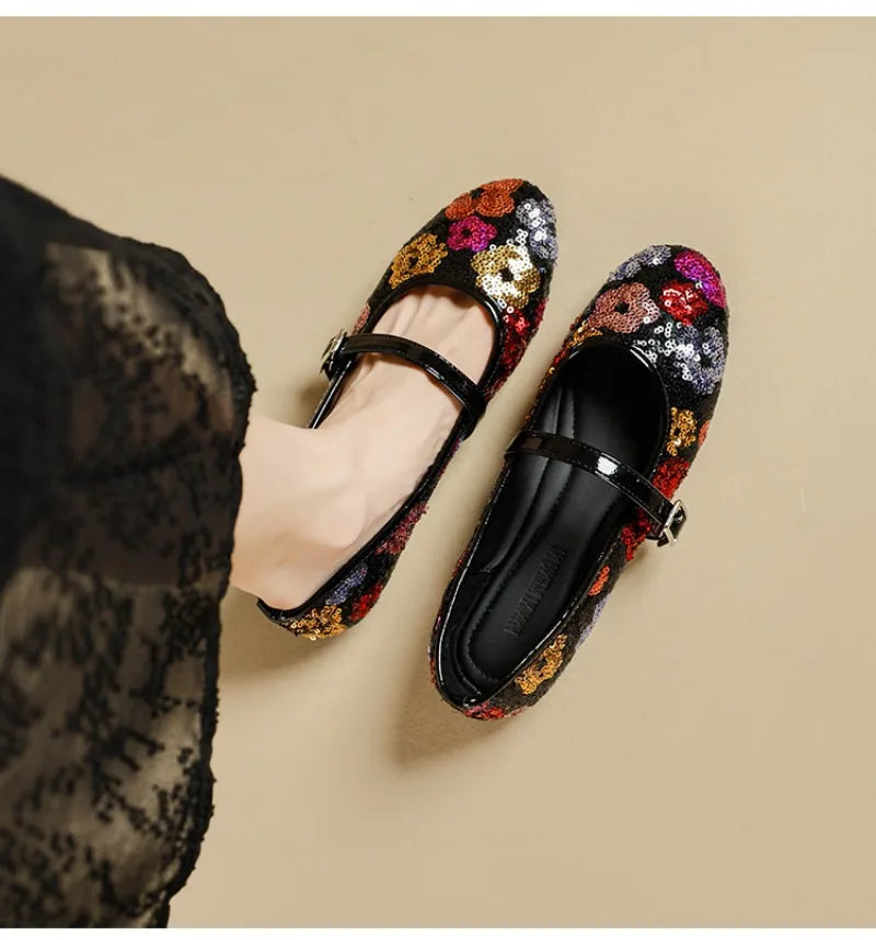 Luxo bling ballet flats feminino dedo do pé redondo colorido floral fivela design mary jane sapatos elegantes sapatos de festa conforto sandálias planas