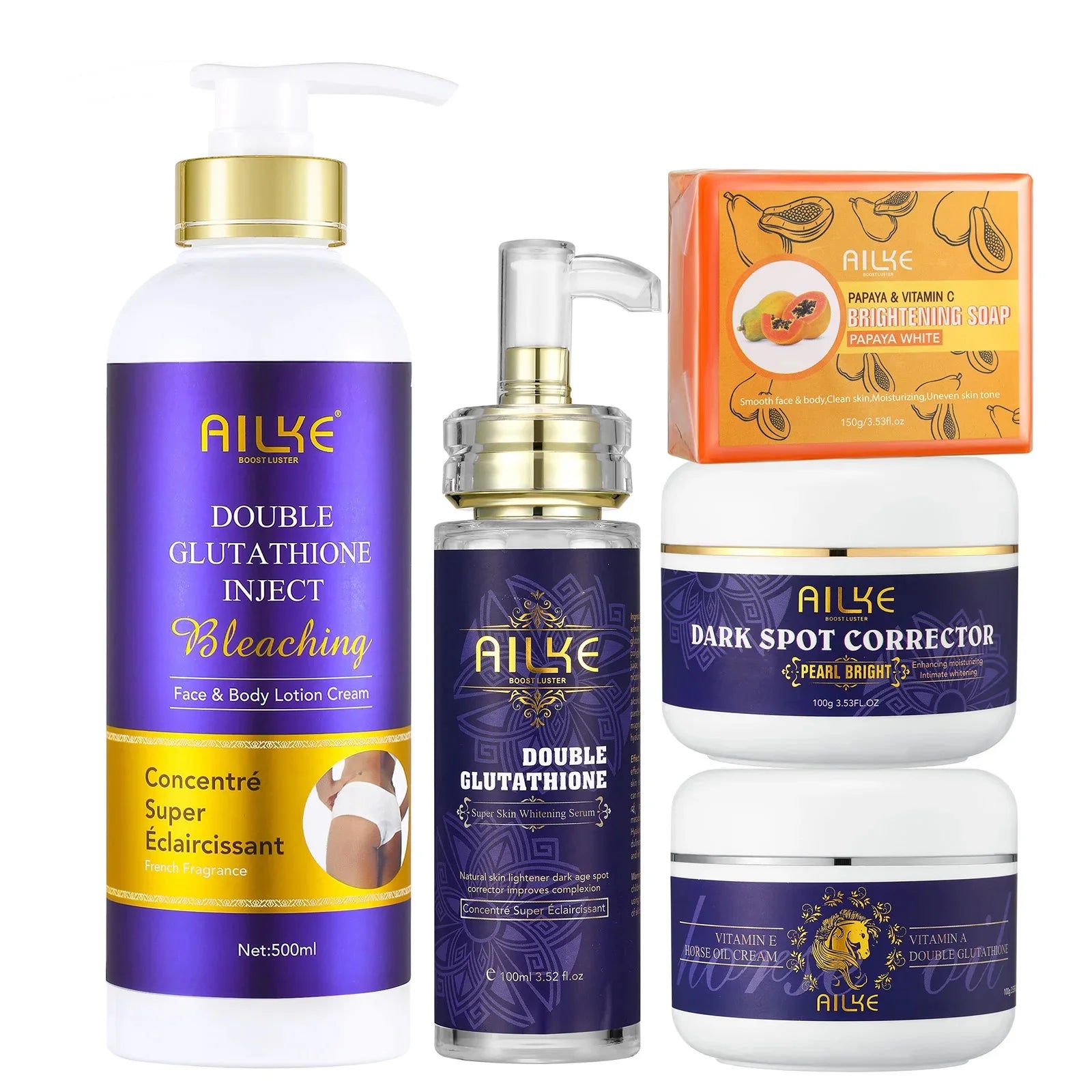 AILKE Glutationa 5 em 1 Kit de cuidados com a pele feminina, com loção corporal, soro, creme para remoção de manchas escuras, creme corporal, sabonete iluminador