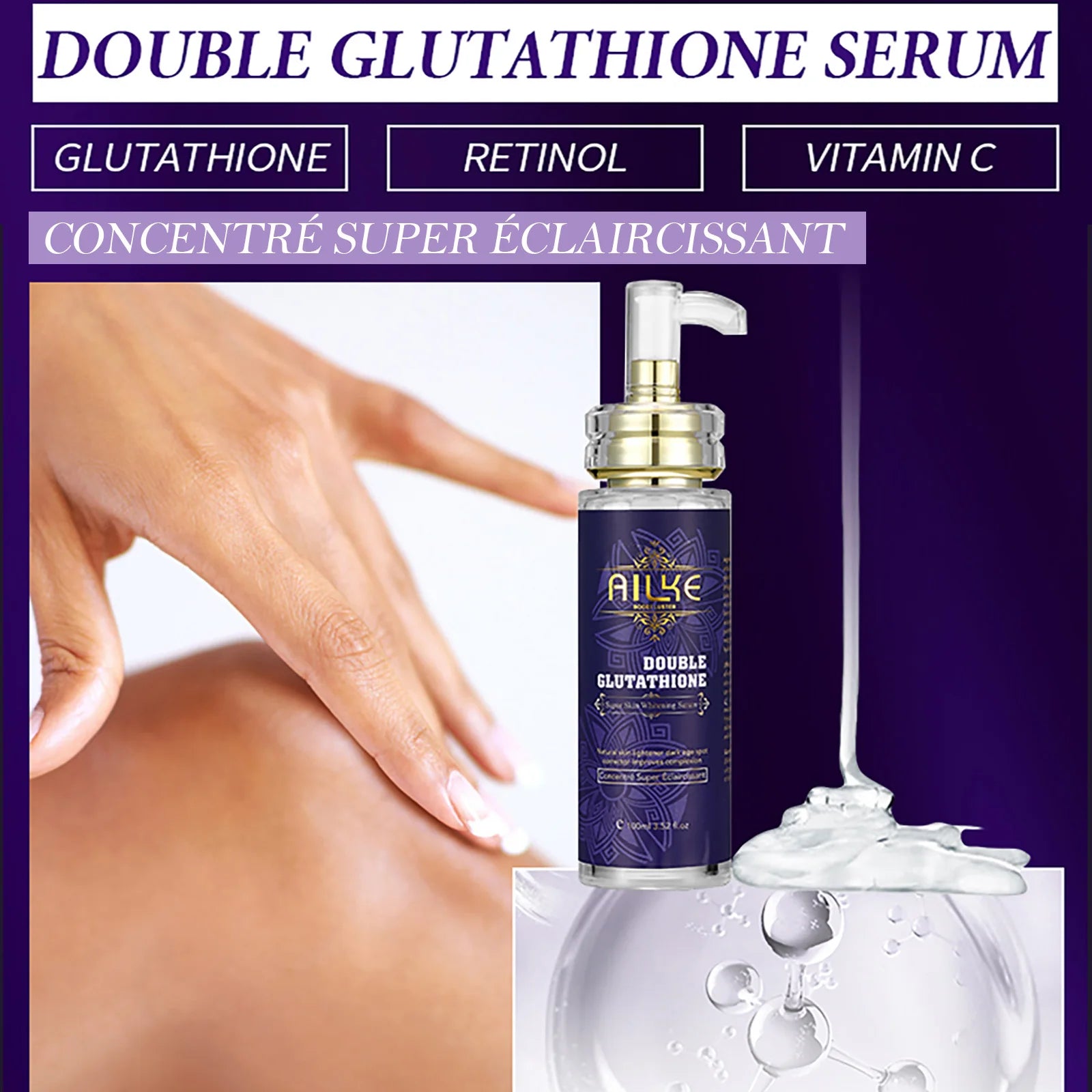 AILKE Clareador de cuidados com a pele, com glutationa dupla, clareador, hidratante, remove manchas escuras, melanina, cuidados faciais brilhantes da pele