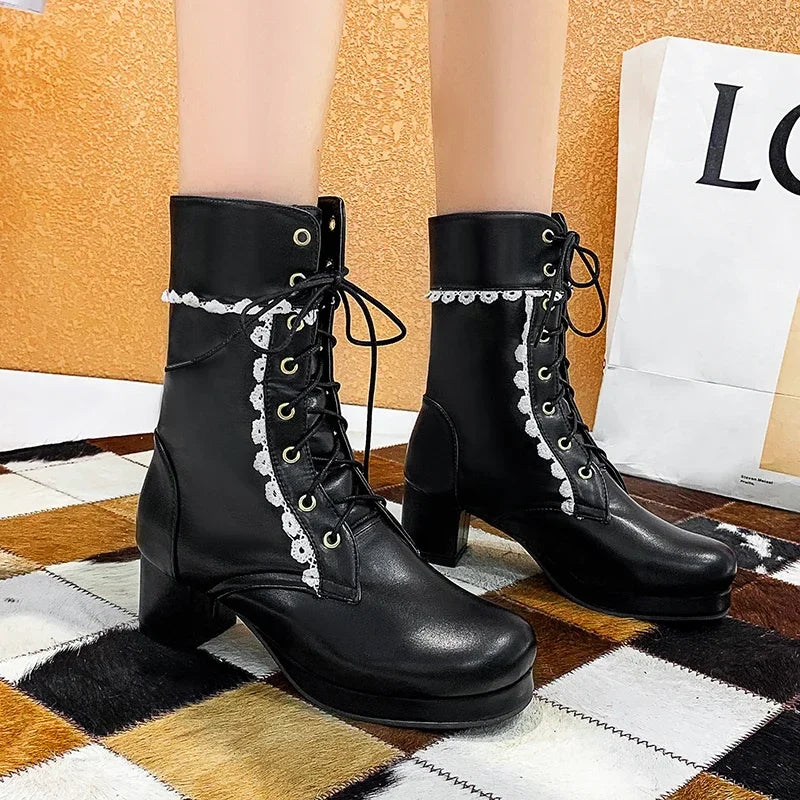 Moda feminina lolita meados de bezerro botas outono inverno elegante senhora cosplay sapatos de festa plataformas couro plus size botas dropship