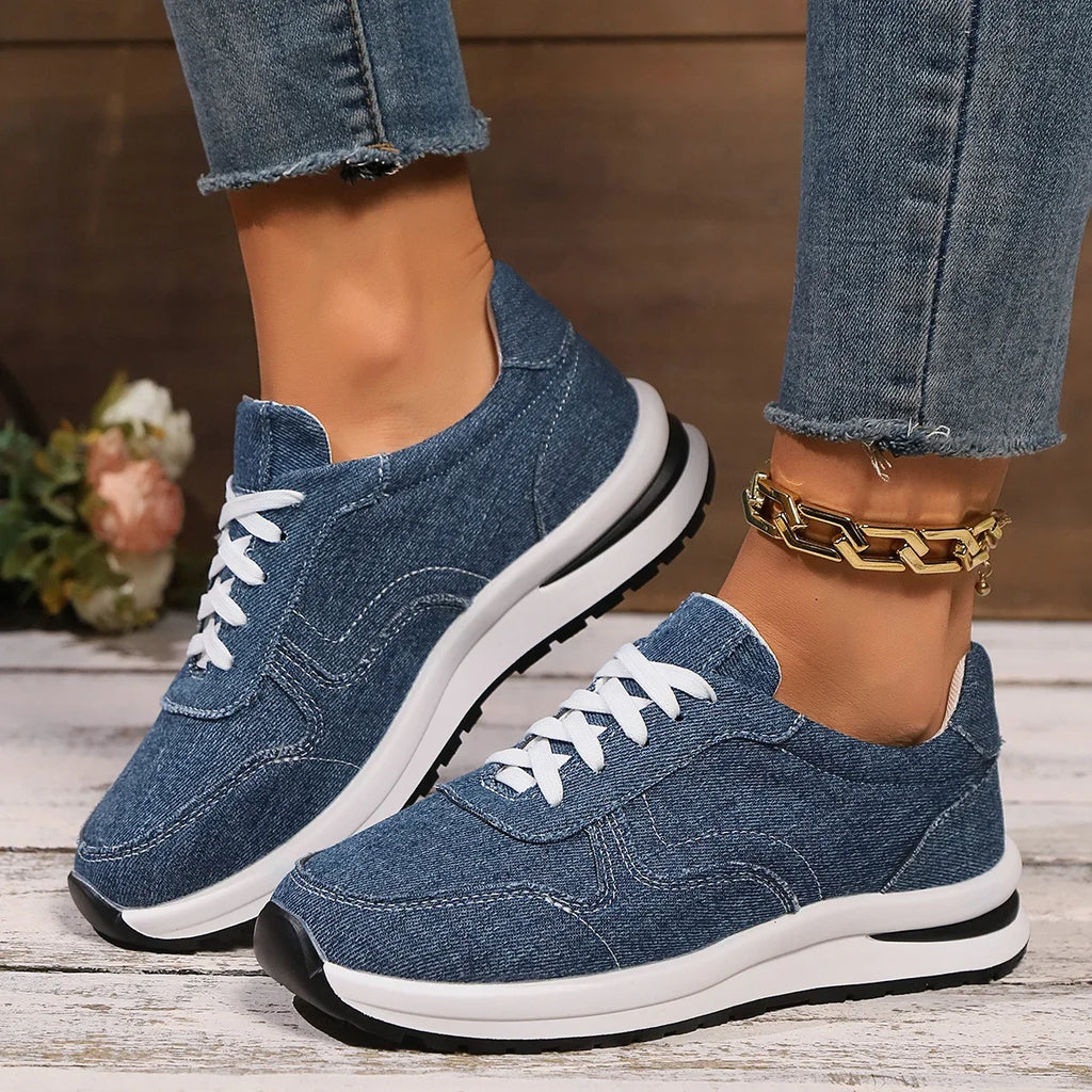 Azul denim plataforma tênis moda feminina sola grossa rendas até sapatos esportivos mulher plus size 43 confortável casual tênis femininos