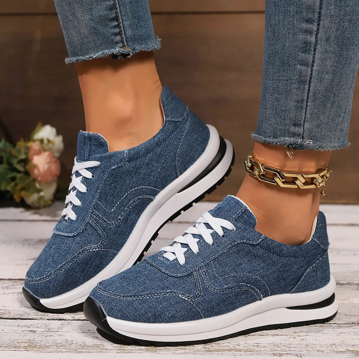 Azul denim plataforma tênis moda feminina sola grossa rendas até sapatos esportivos mulher plus size 43 confortável casual tênis femininos