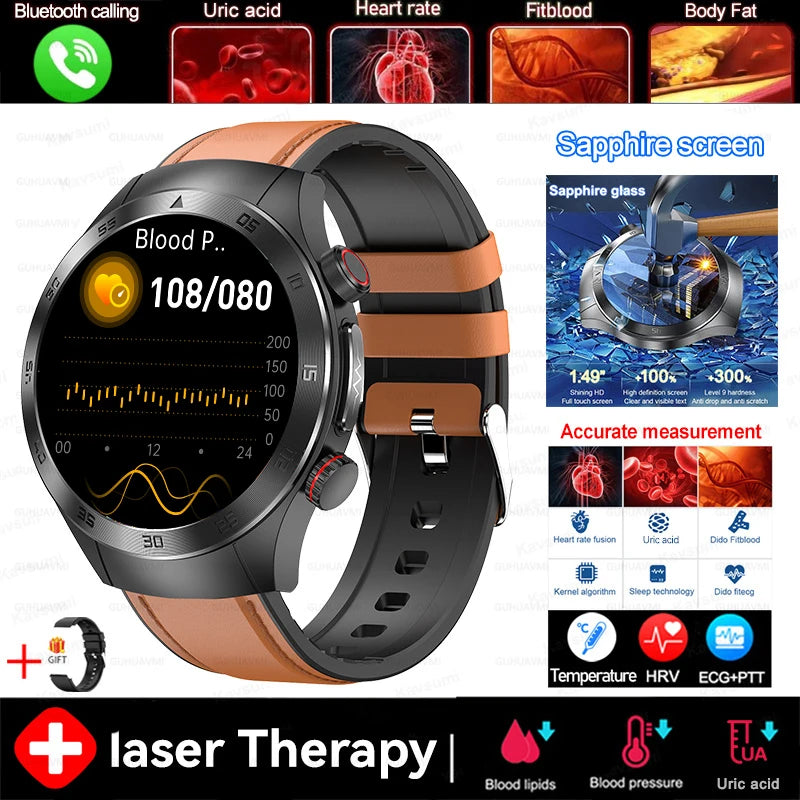 2025 novo tratamento a laser corpo e coração relógio inteligente masculino ecg + ppg ácido úrico gordura no sangue bluetooth chamada rastreador de saúde relógios inteligentes