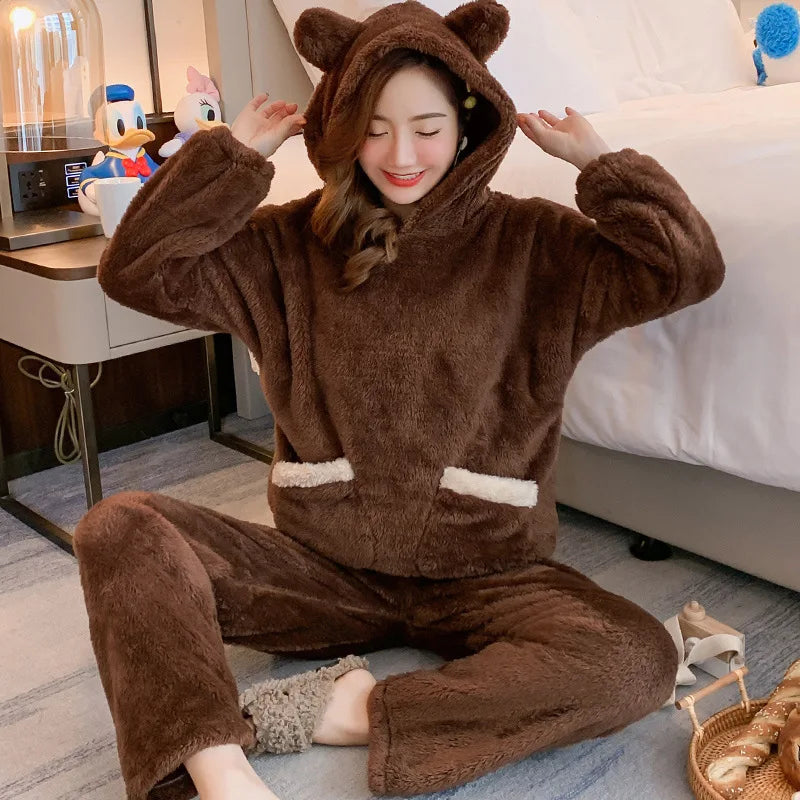 Outono inverno engrossado quente feminino loungewear terno dos desenhos animados de pelúcia com capuz urso pijamas senhoras flanela homewear conjunto