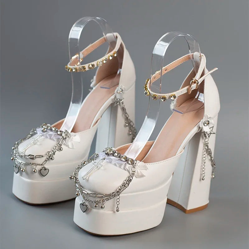 Cruz Japonesa Rhinestone Lolita Salto Alto para Mulheres, Corrente de Metal, Casamento da Noiva Rosa, Doce Sapatos Y2k Mary Jane, Salto Plataforma para Menina
