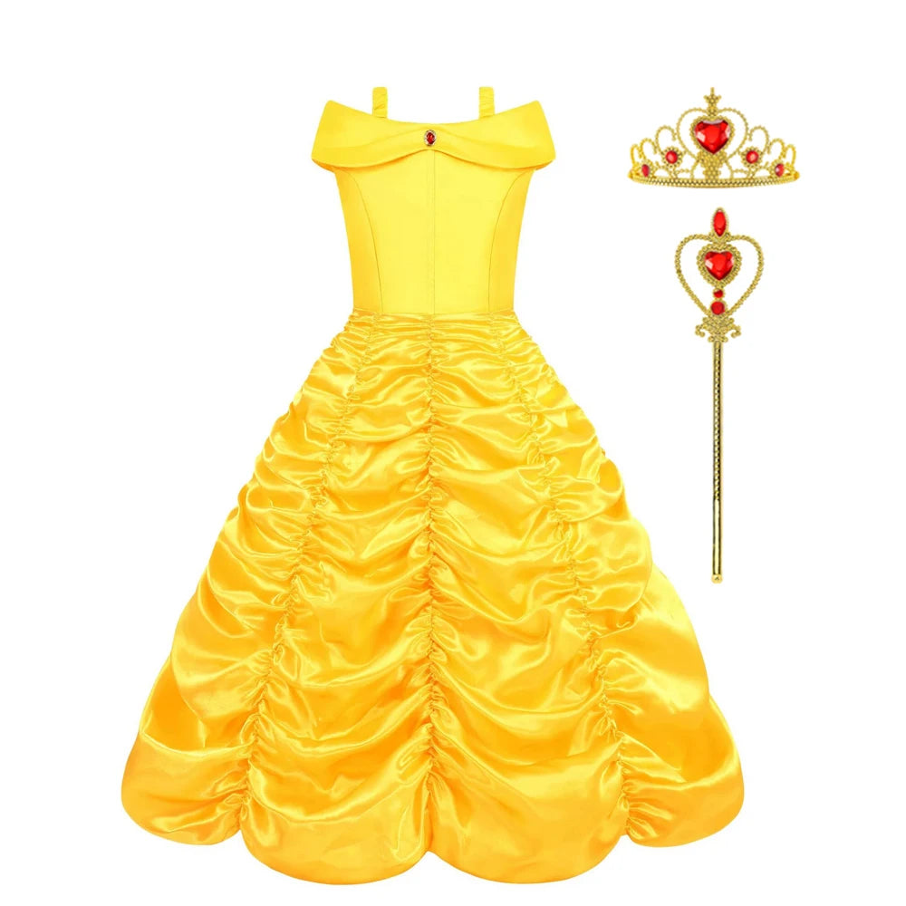 Belle traje menina princesa vestido amarelo halloween bela e a fera trajes meninas festa de aniversário crianças roupas vestido
