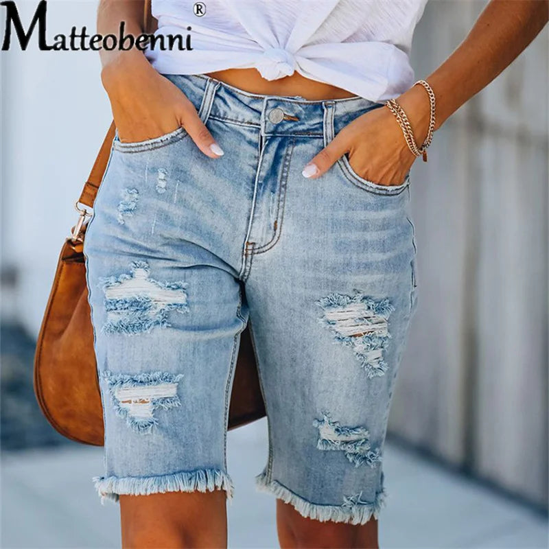 Calça jeans rasgada feminina com borla, calça elástica alta, cintura média, cinco pontos, buraco fino, shorts casuais femininos, verão, rua