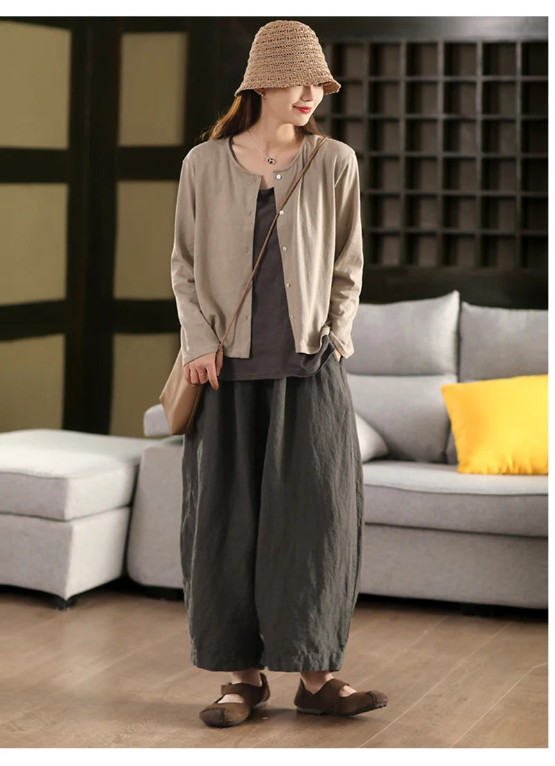 Calças compridas femininas de linho puro natural, estilo solto e retrô, calças largas, roupas de tamanho grande, casuais ao ar livre, confortáveis e legais