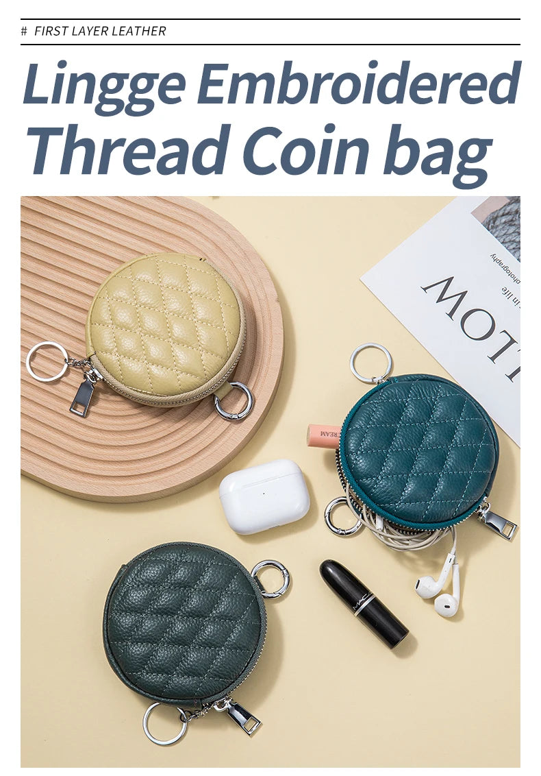 Mini porta-moedas de couro real para mulheres, carteira de costura de diamante mini organizador, bolsa de dinheiro pequena para chaves e fone de ouvido