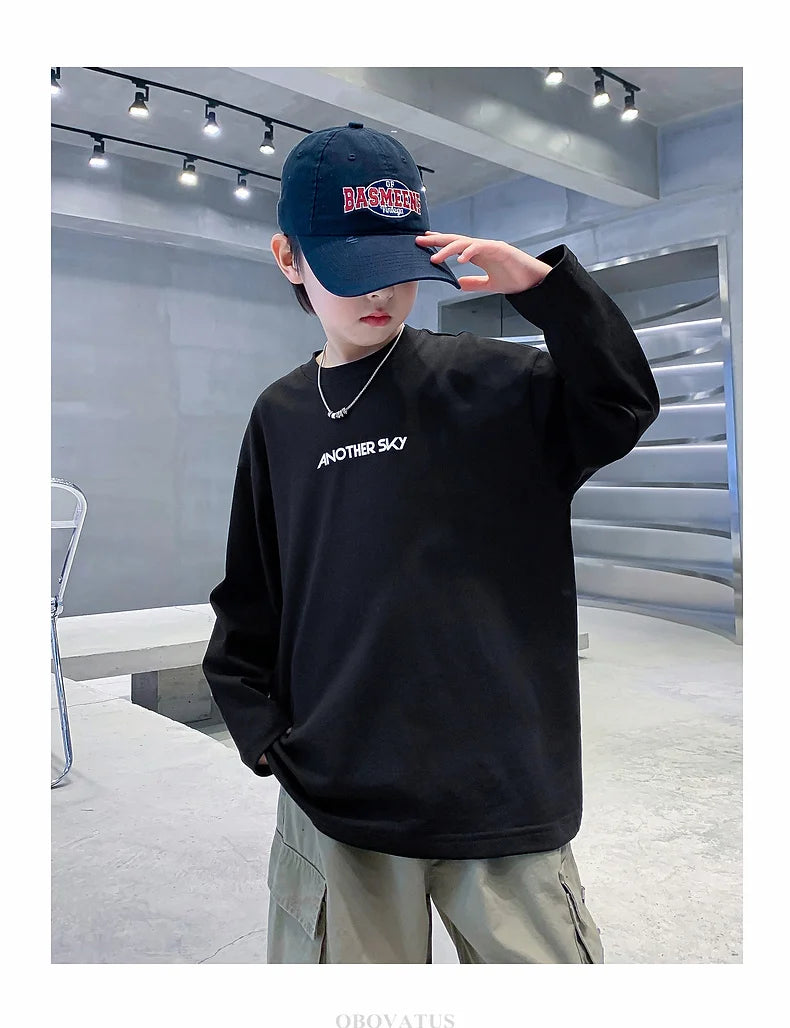 Nova primavera crianças manga longa camiseta de algodão para meninos solto estilo breve tshirt adolescentes crianças escola camisetas roupas de moda do bebê