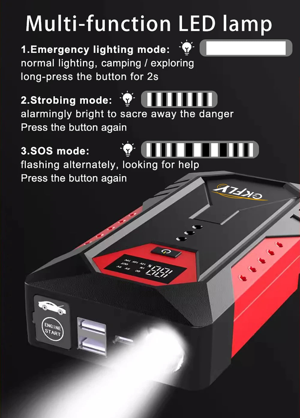 GKFLY 2000A/3000A/4000A Carregador de Bateria para Carros a Gasolina e Diesel, Power Bank e Auxiliar de Partida para Automóveis