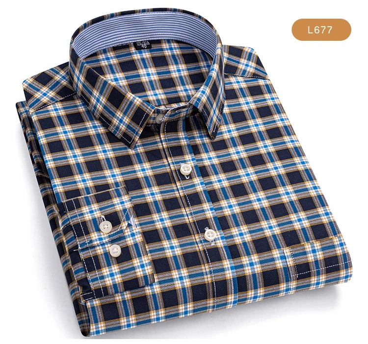 Camisas de vestido de algodão com design de gola de lapela listrada xadrez na moda masculina, camisa casual de manga comprida com botões para primavera/outono