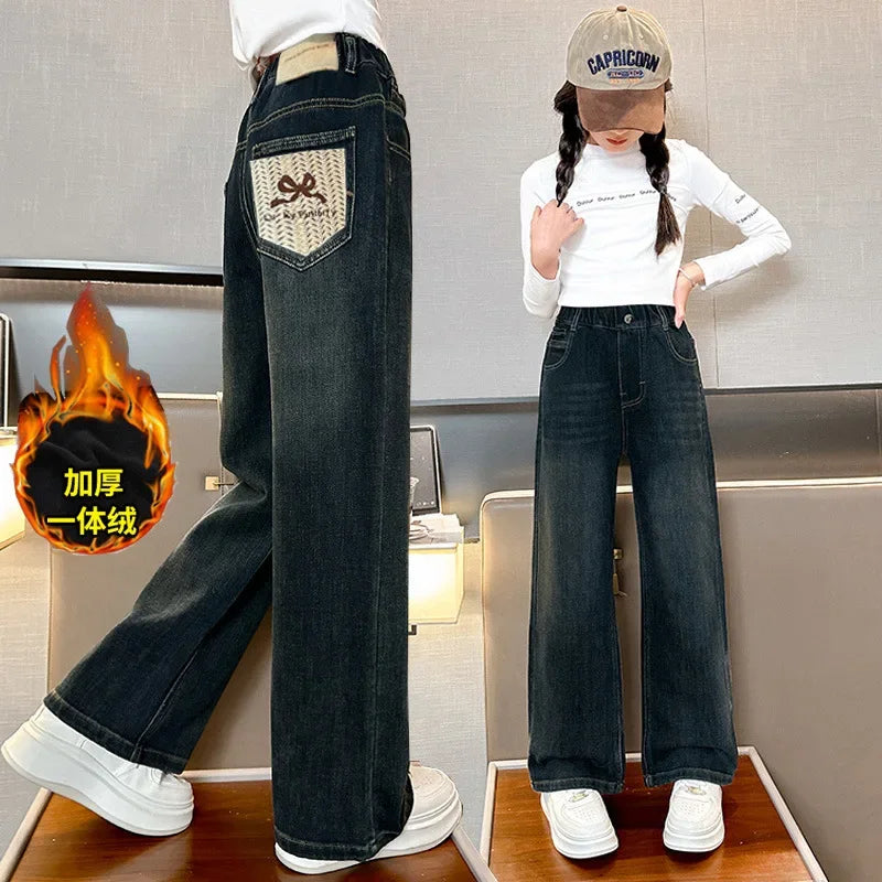 Meninas adolescentes jeans com lã outono inverno moda casual crianças perna larga calças jeans isoladas escola crianças denim