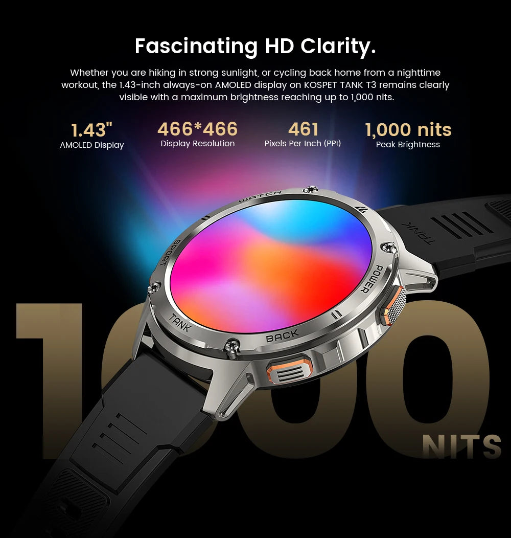 Original KOSPET TANK T3 Relógio Inteligente Para Homens Militar Smartwatch Mulheres Relógios de Fitness Digitais AMOLED AI Voz AOD Bluetooth