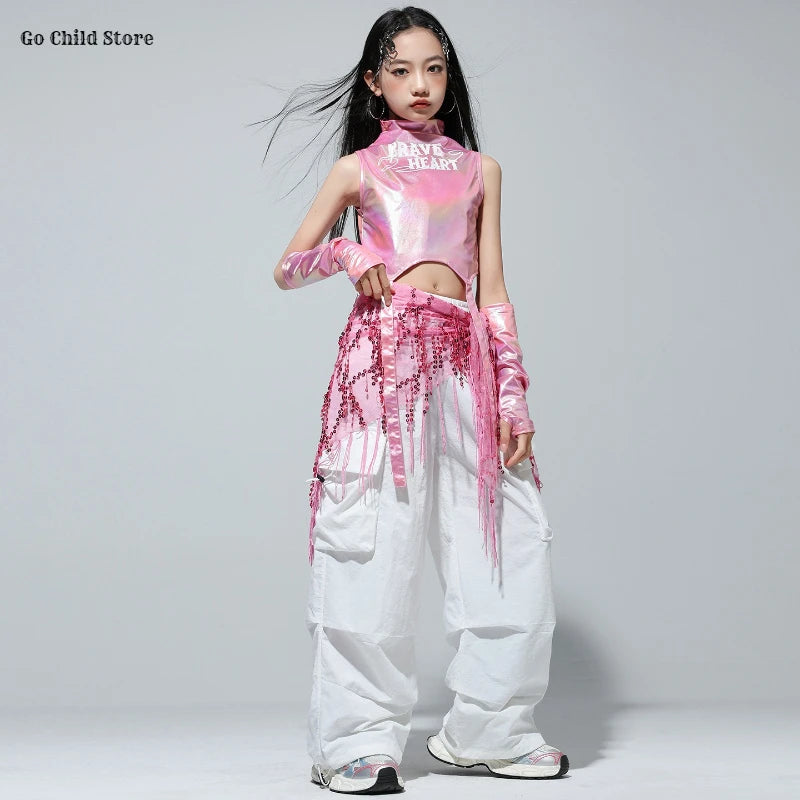 Meninas k-pop brilhante colheita superior calças de carga shorts de dança de rua crianças hip hop jazz conjuntos de roupas crianças streetwear menina grupo traje
