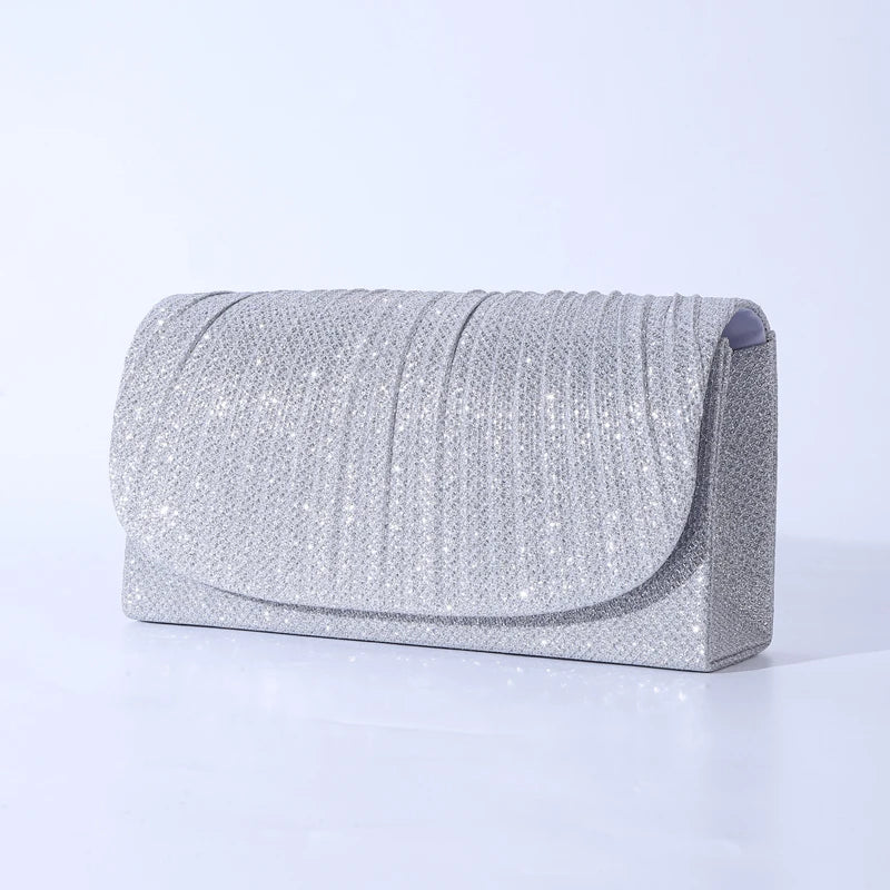 Bolsa de Noite Prateada com Glitter para Mulheres, Elegante e Fashion, Bolsa Longa com Cadeado, Clutch para Casamentos e Festas