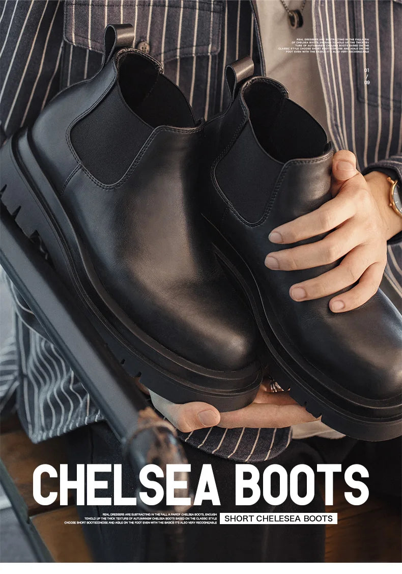Botas Chelsea Vintage Masculinas Maden, Estilo Britânico, Botas Altas Pretas com Bico Redondo, Calçados Clássicos para Outono e Inverno