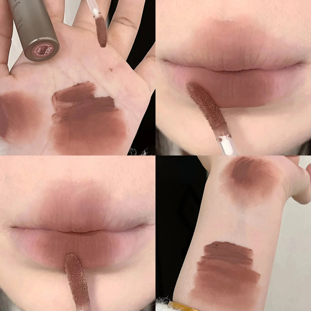 Batom fosco de veludo vermelho escuro, à prova d'água, longa duração, fosco, brilho labial, copo antiaderente, maquiagem labial, maquiagem cosmética