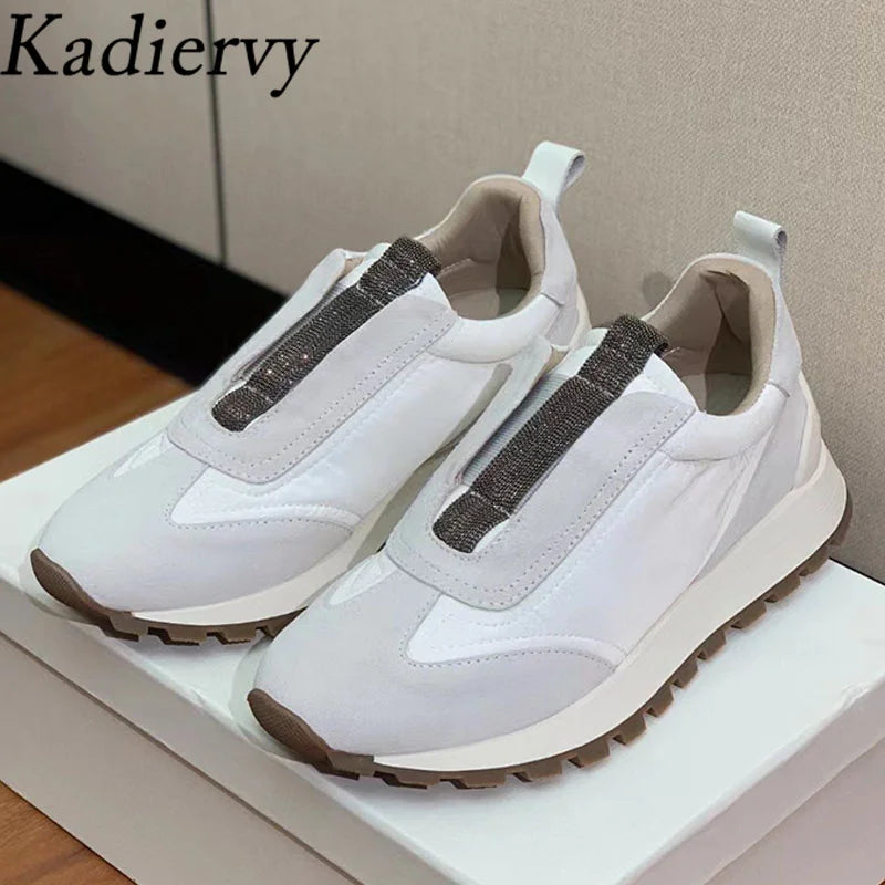 Sapatos casuais mulher dedo do pé redondo corrente corda grânulo conforto tênis de corrida senhoras camurça vaca retalhos rendas até tênis planos