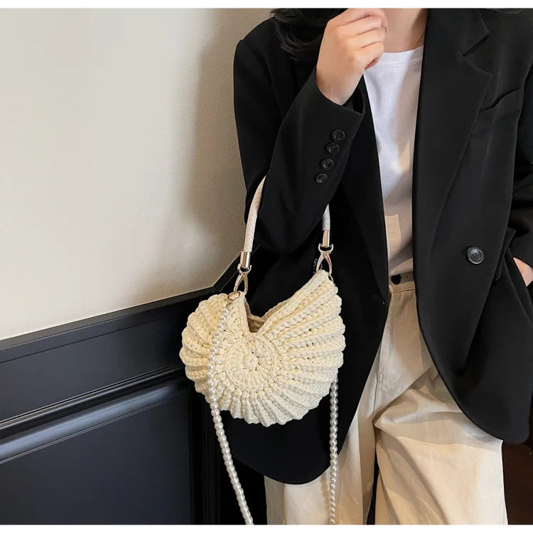 Criativo concha em forma de crochê feminino ombro sacos engraçado bonito pérolas correntes artesanal tecer crossbody saco novidade pequenas bolsas