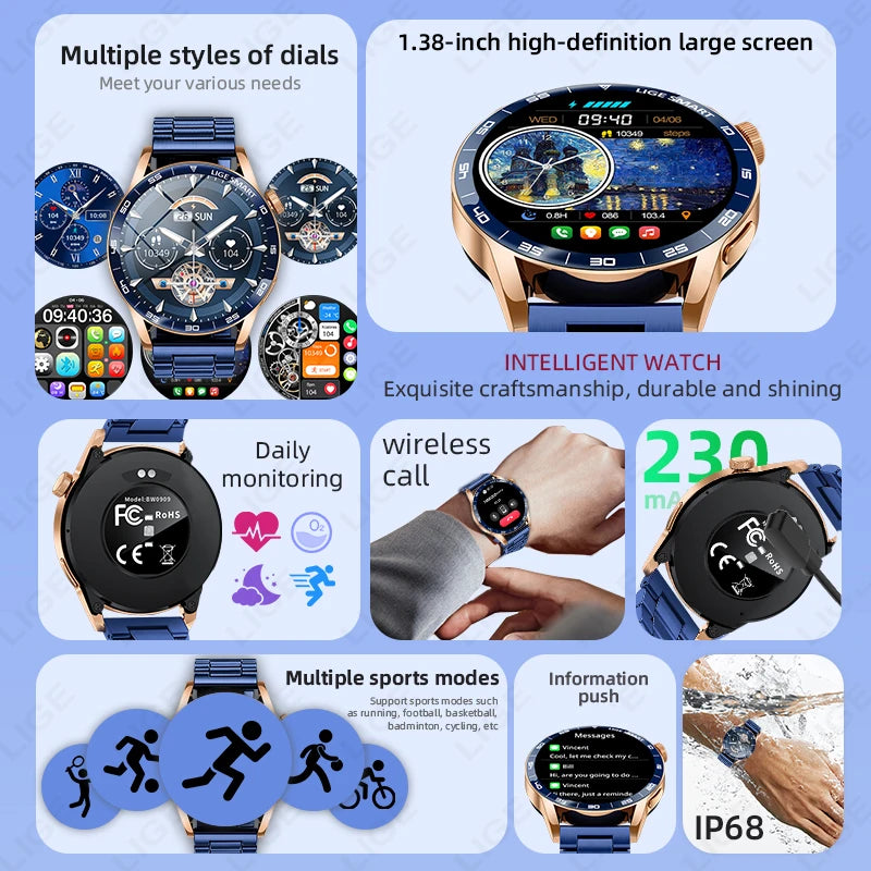 Relógio Inteligente LIGE 2026 com Chamadas de Voz para Homens, Tela HD de 1.38", IP68 à Prova D'água, Relógio Esportivo e Fitness, Novo Smartwatch para Homens e Mulheres, Compatível com Android e iOS