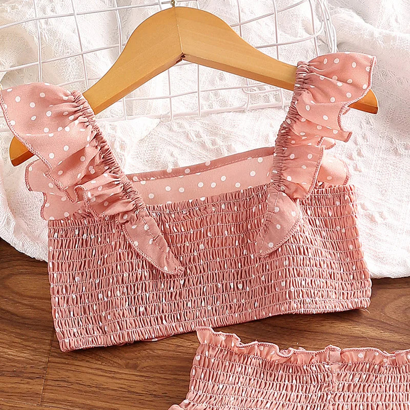 Conjunto de roupas para meninas 5-12t tricolor opcional manga voadora gola quadrada colete top + saias de renda crianças meninas conjunto de roupas de bebê