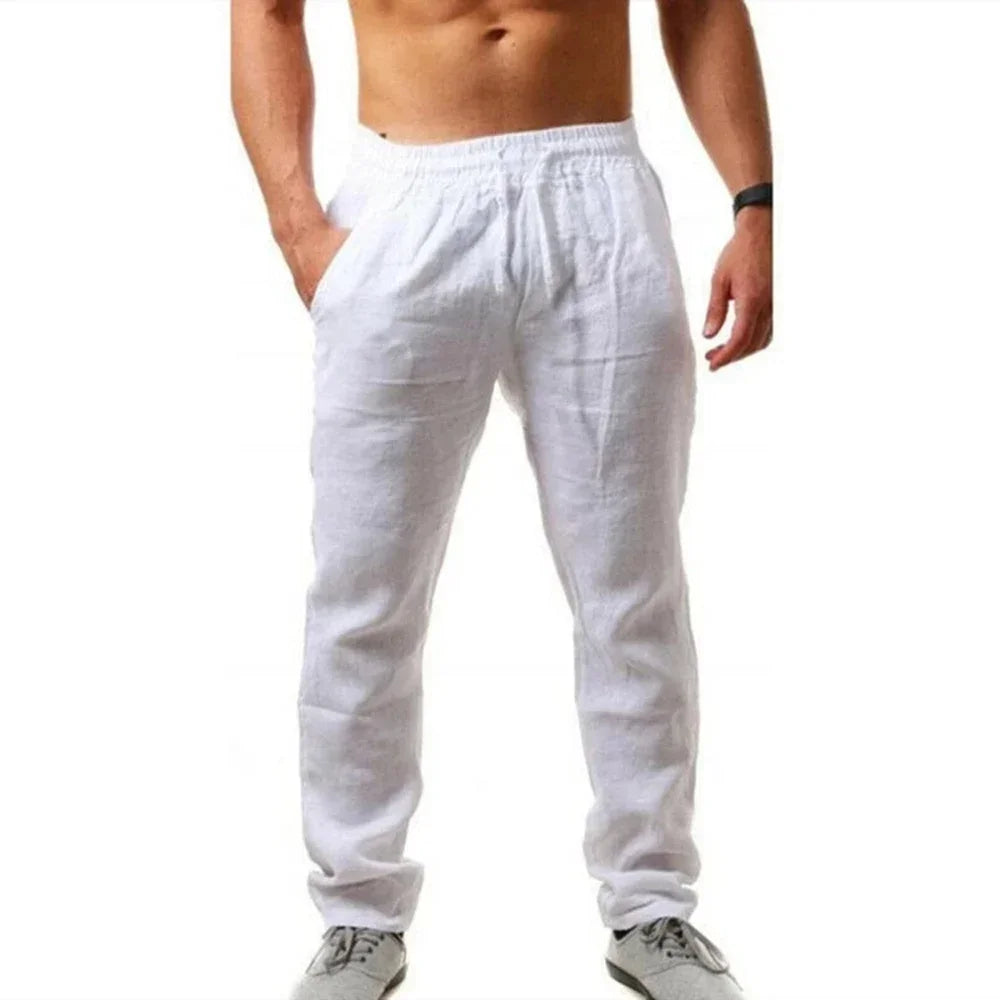 Calça masculina de algodão e linho, solta, respirável, com cintura elástica, cor sólida, casual, para corrida, fitness, verão, esportes, calça de moletom