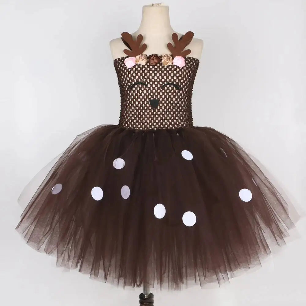 Bebê meninas trajes de veados de natal para crianças flor rena vestidos de princesa crianças natal ano novo ballet tutus outfit com arco