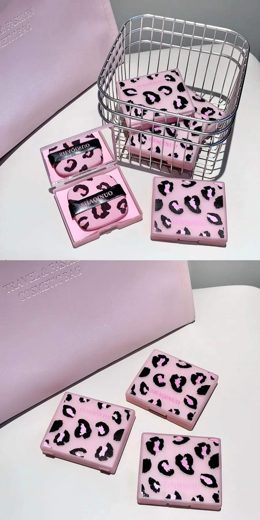 100 folhas de papel absorvente de óleo facial com estampa de leopardo rosa caixa de armazenamento portátil com espelho ferramenta de beleza
