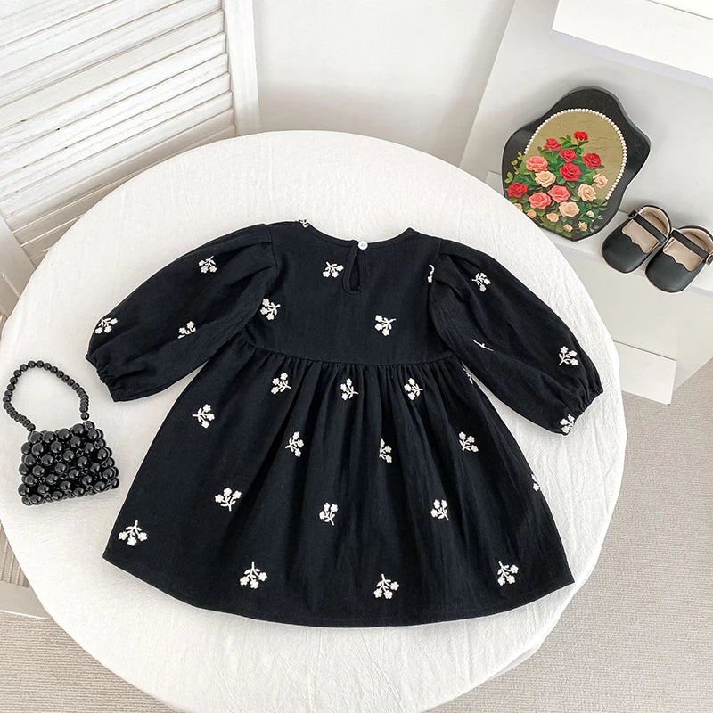 2026 nova primavera meninas vestido de princesa crianças estilo coreano bordado roupas 2-6yrs manga comprida algodão crianças vestido de festa