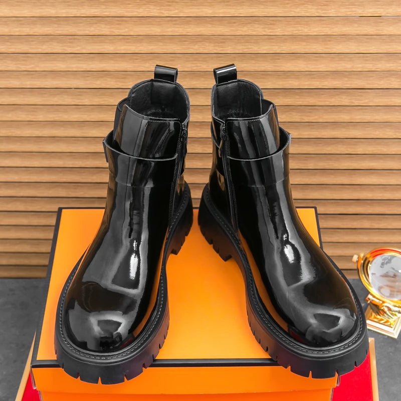 Botas masculinas de couro envernizado, de alta qualidade, superfície brilhante, confortável, sola grossa, cano alto, marca de moda, antiderrapante, chelsea