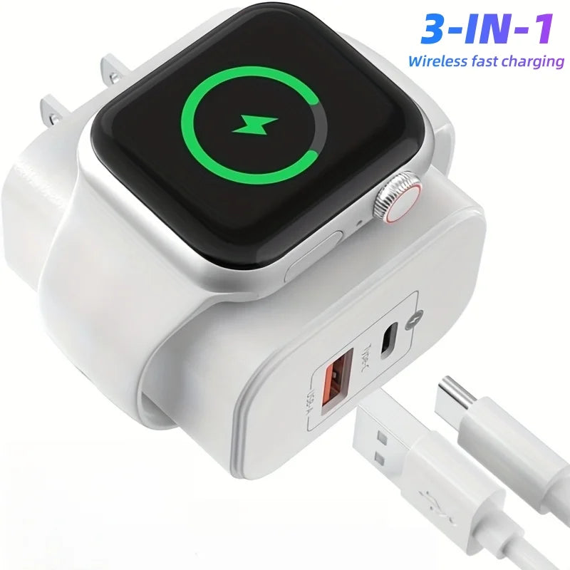 Carregador 3 em 1 de 23 W, capaz de carregar três dispositivos simultaneamente, com carregamento sem fio integrado para relógios, adequado para
