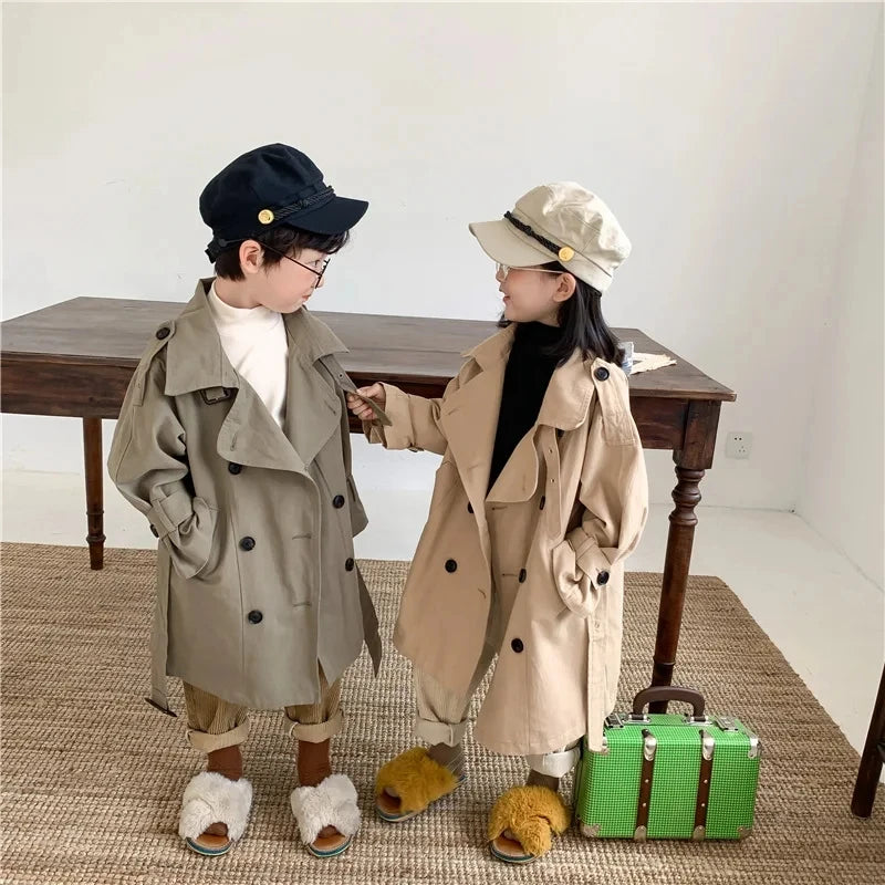 Casaco de manga comprida infantil, jaqueta de meninos e meninas, sobretudo, gola virada para baixo, corta-roupas, primavera, outono, 2 a 10 anos